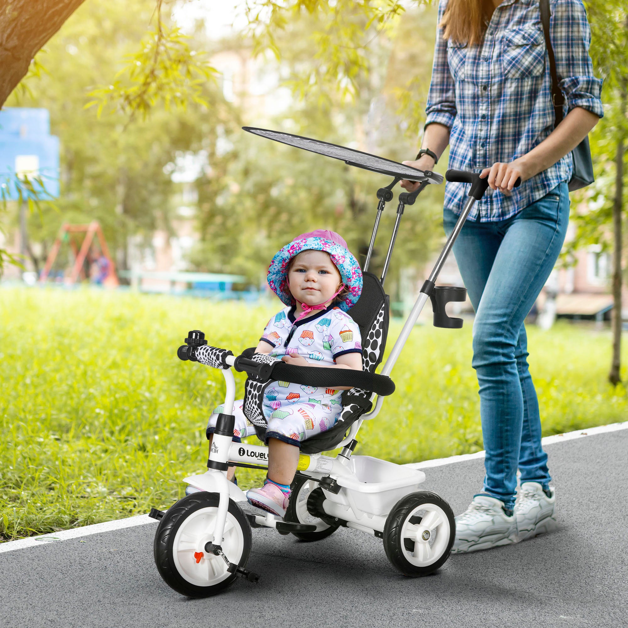 6-in-1 Tricycle with Push Handle from 9 Months up to 25 kg Kids Tricycle with Removable Sun Canopy, Safety Belt, Cup Holder, Basket, Training Wheels for 1-5 Years Kids, White