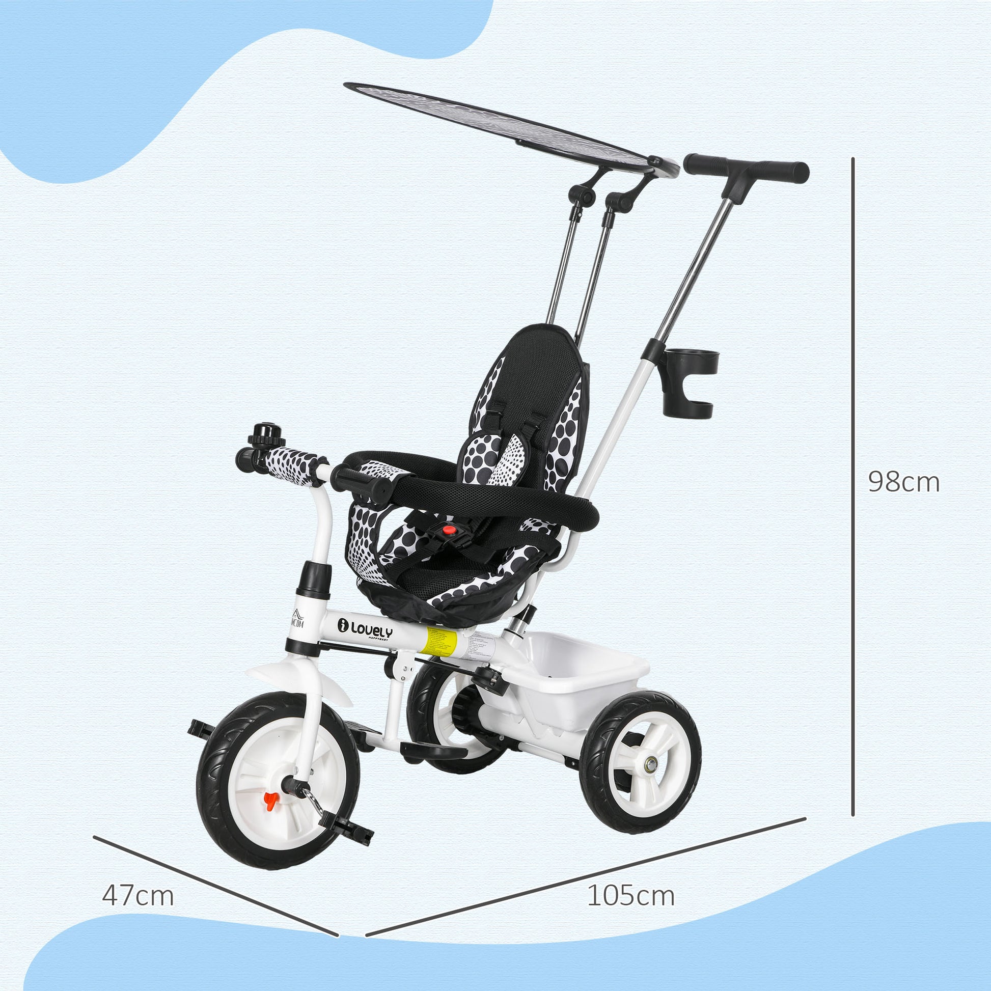 6-in-1 Tricycle with Push Handle from 9 Months up to 25 kg Kids Tricycle with Removable Sun Canopy, Safety Belt, Cup Holder, Basket, Training Wheels for 1-5 Years Kids, White