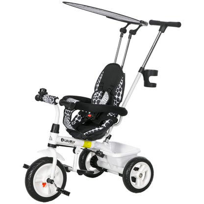 6-in-1 Tricycle with Push Handle from 9 Months up to 25 kg Kids Tricycle with Removable Sun Canopy, Safety Belt, Cup Holder, Basket, Training Wheels for 1-5 Years Kids, White