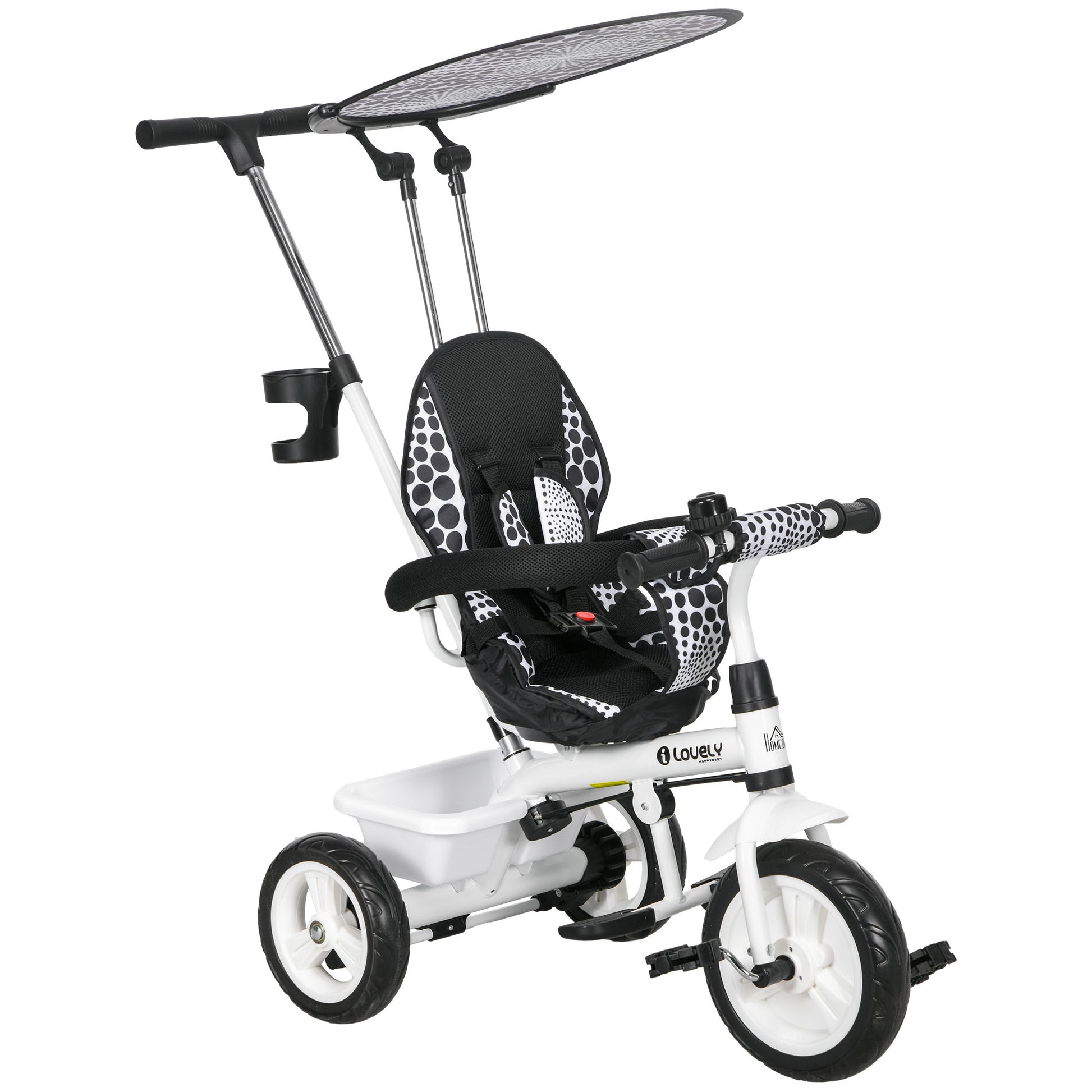 6-in-1 Tricycle with Push Handle from 9 Months up to 25 kg Kids Tricycle with Removable Sun Canopy, Safety Belt, Cup Holder, Basket, Training Wheels for 1-5 Years Kids, White