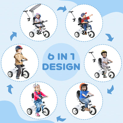 6-in-1 Tricycle with Push Handle from 9 Months up to 25 kg Kids Tricycle with Removable Sun Canopy, Safety Belt, Cup Holder, Basket, Training Wheels for 1-5 Years Kids, White