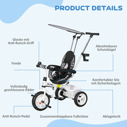 6-in-1 Tricycle with Push Handle from 9 Months up to 25 kg Kids Tricycle with Removable Sun Canopy, Safety Belt, Cup Holder, Basket, Training Wheels for 1-5 Years Kids, White