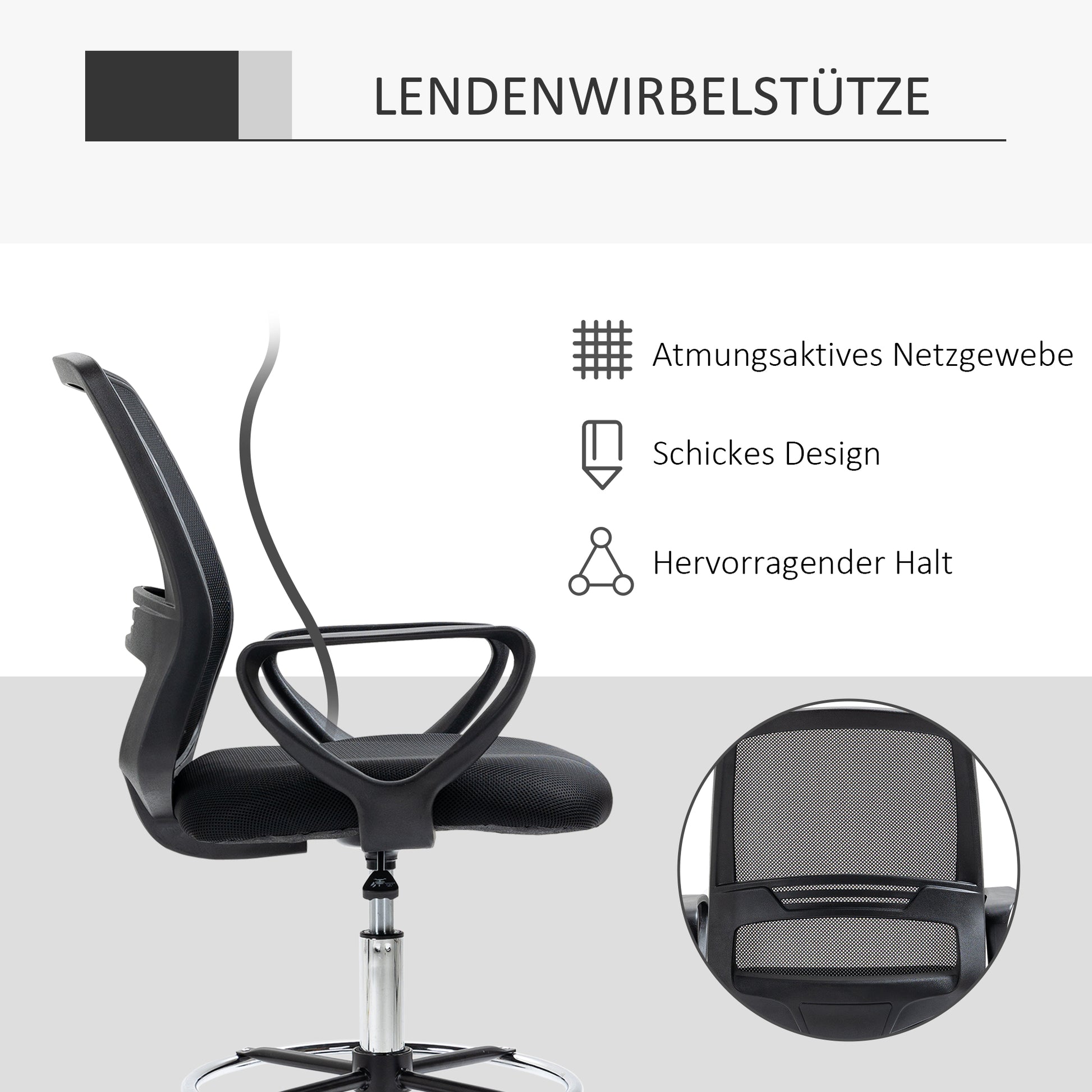 Office Chair Ergonomic Desk Chair with Armrests and Adjustable Foot Ring, Height Adjustable Swivel Chair with Mesh Upholstery Black