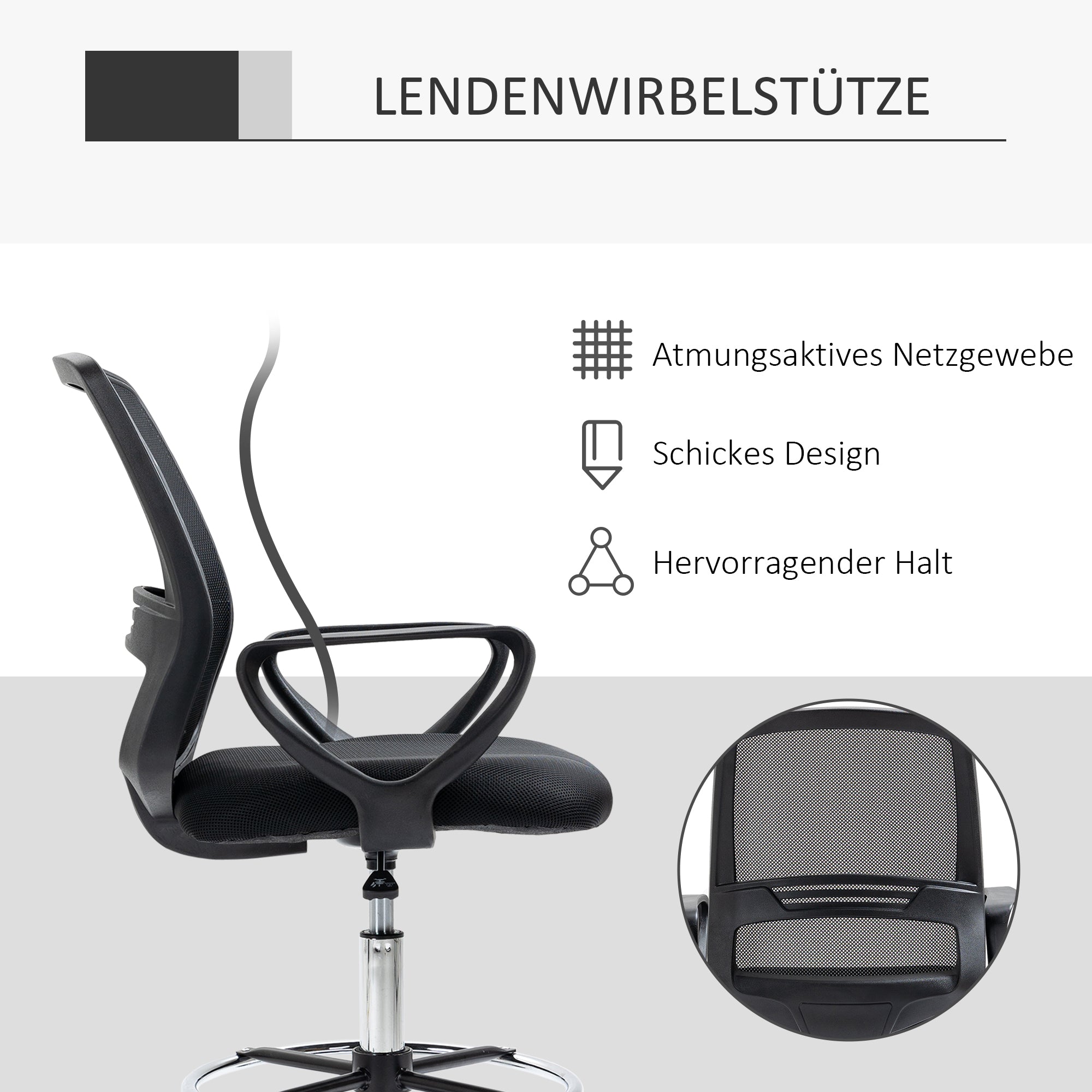 Office Chair Ergonomic Desk Chair with Armrests and Adjustable Foot Ring, Height Adjustable Swivel Chair with Mesh Upholstery Black