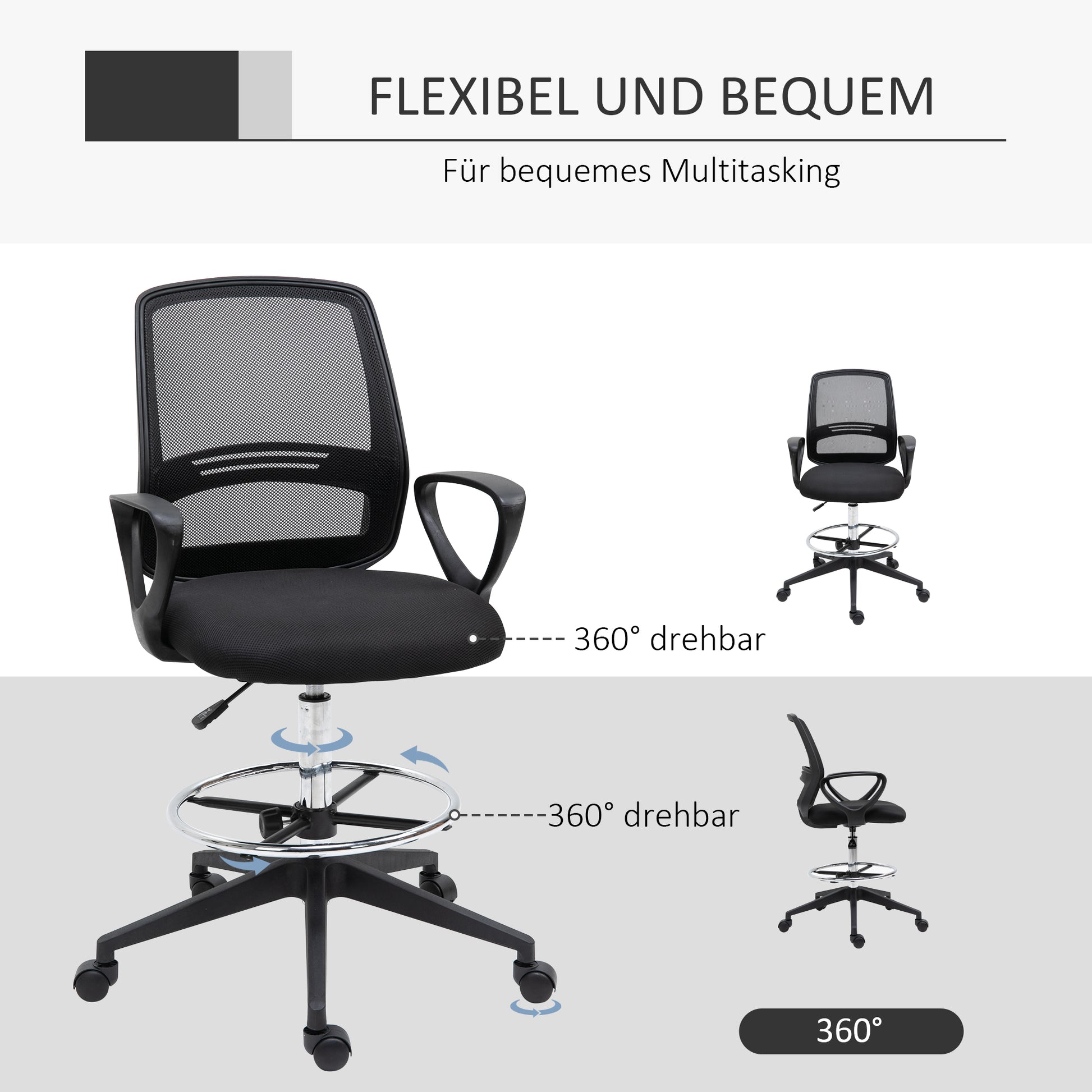 Office Chair Ergonomic Desk Chair with Armrests and Adjustable Foot Ring, Height Adjustable Swivel Chair with Mesh Upholstery Black