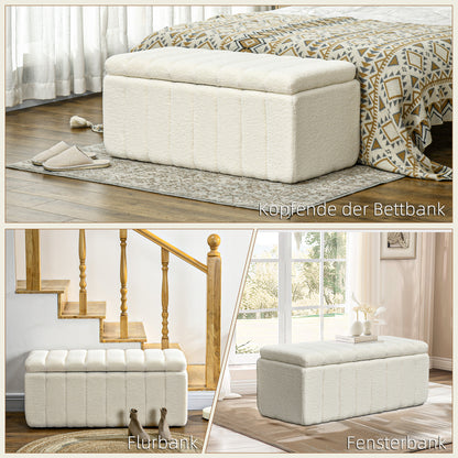 Storage Bench, Padded Bench in Teddy Fleece, Bed Bench with Wood Frame, Storage Box, Shoe Bench for Bedroom, Living Room, Hallway, 102 x 45 x 46 cm, Cream white