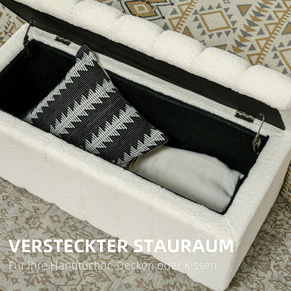 Storage Bench, Padded Bench in Teddy Fleece, Bed Bench with Wood Frame, Storage Box, Shoe Bench for Bedroom, Living Room, Hallway, 102 x 45 x 46 cm, Cream white