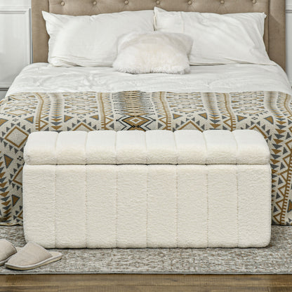 Storage Bench, Padded Bench in Teddy Fleece, Bed Bench with Wood Frame, Storage Box, Shoe Bench for Bedroom, Living Room, Hallway, 102 x 45 x 46 cm, Cream white