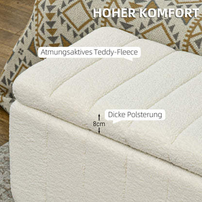 Storage Bench, Padded Bench in Teddy Fleece, Bed Bench with Wood Frame, Storage Box, Shoe Bench for Bedroom, Living Room, Hallway, 102 x 45 x 46 cm, Cream white