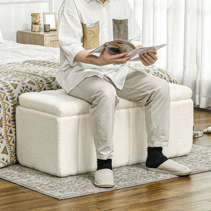 Storage Bench, Padded Bench in Teddy Fleece, Bed Bench with Wood Frame, Storage Box, Shoe Bench for Bedroom, Living Room, Hallway, 102 x 45 x 46 cm, Cream white