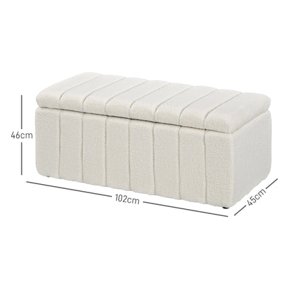 Storage Bench, Padded Bench in Teddy Fleece, Bed Bench with Wood Frame, Storage Box, Shoe Bench for Bedroom, Living Room, Hallway, 102 x 45 x 46 cm, Cream white