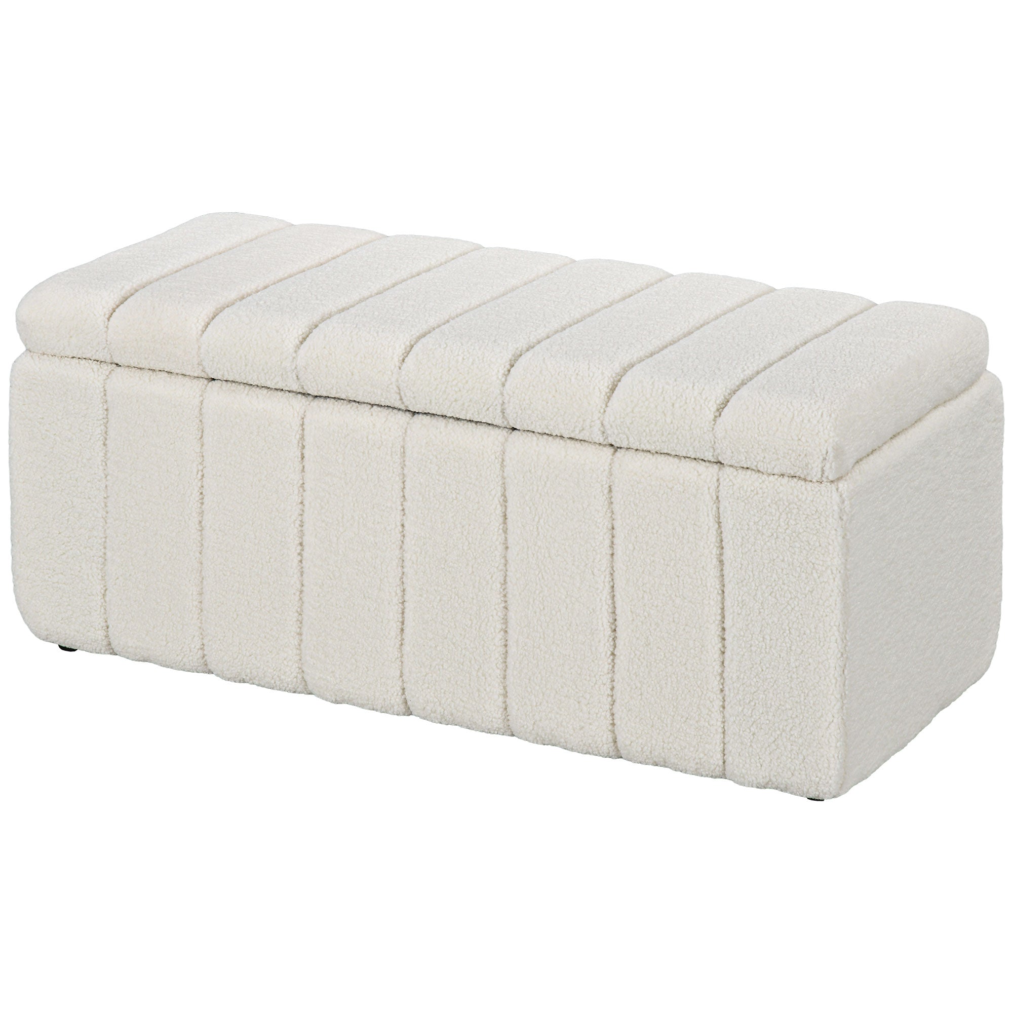 Storage Bench, Padded Bench in Teddy Fleece, Bed Bench with Wood Frame, Storage Box, Shoe Bench for Bedroom, Living Room, Hallway, 102 x 45 x 46 cm, Cream white
