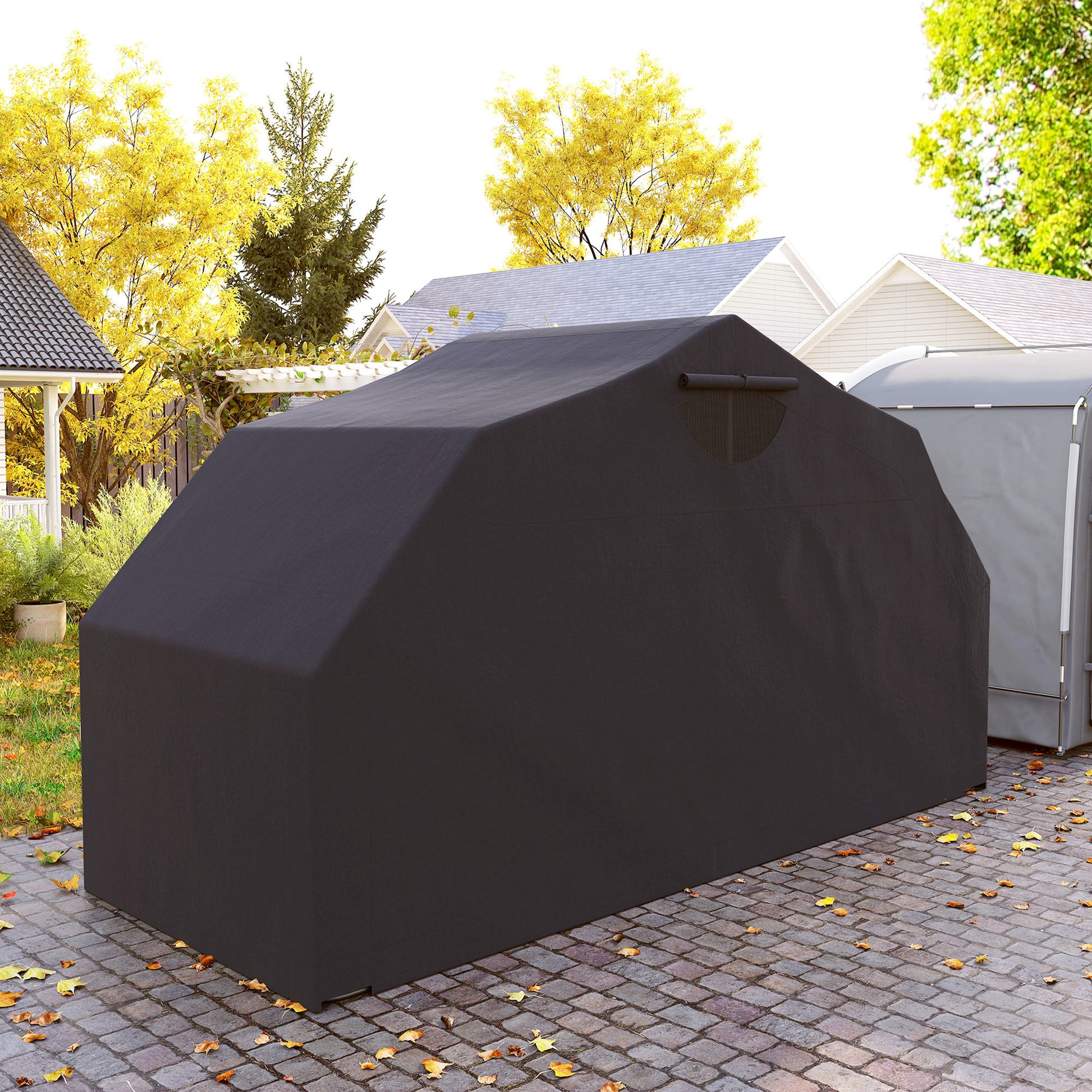 Motorcycle Cover Foldable Outdoor Motorcycle Cover with Window Waterproof Motorcycle Garage Oxford Fabric Motorcycle Tarp Cover for 2 Motorcycles Scooters 345cmx135cmx191cm Black