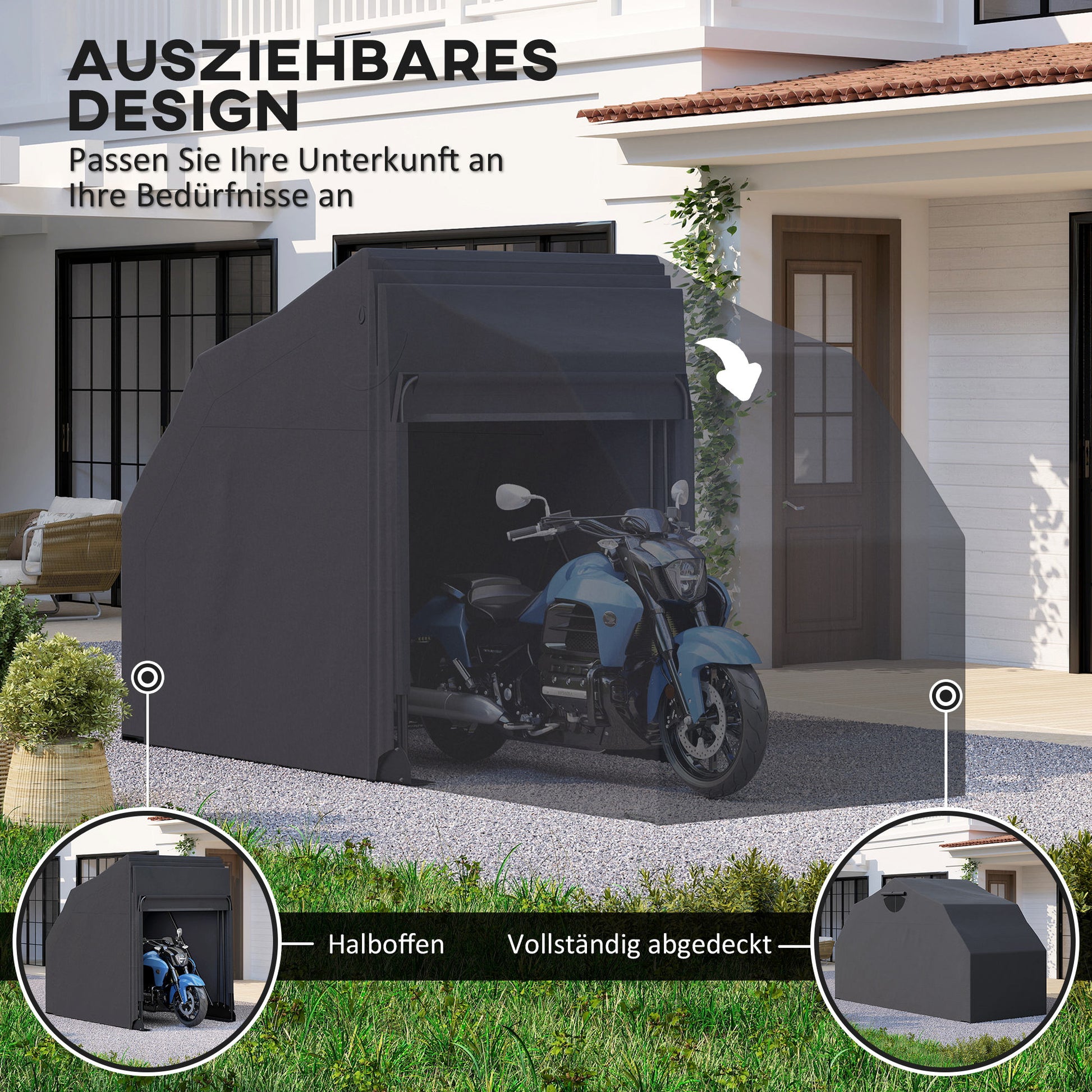 Motorcycle Cover Foldable Outdoor Motorcycle Cover with Window Waterproof Motorcycle Garage Oxford Fabric Motorcycle Tarp Cover for 2 Motorcycles Scooters 345cmx135cmx191cm Black