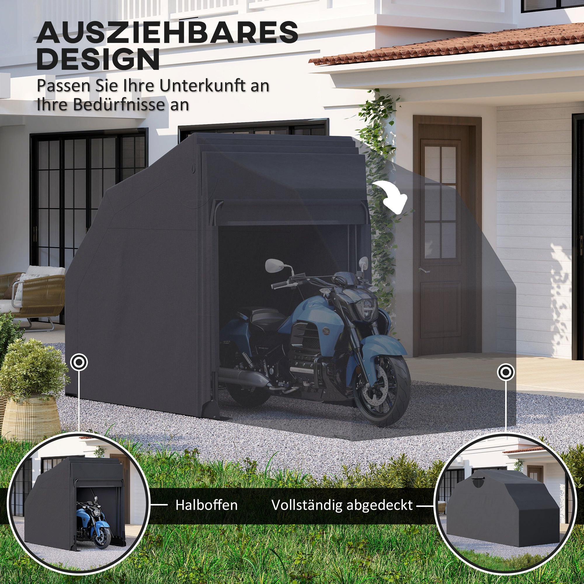 Motorcycle Cover Foldable Outdoor Motorcycle Cover with Window Waterproof Motorcycle Garage Oxford Fabric Motorcycle Tarp Cover for 2 Motorcycles Scooters 345cmx135cmx191cm Black