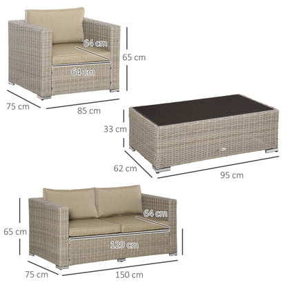 4-Piece PE Rattan Garden Furniture Set, Outdoor Lounge with 1 Sofa, 2 Armchairs, 1 Coffee Table and Removable Washable Cushions, Khaki and Beige