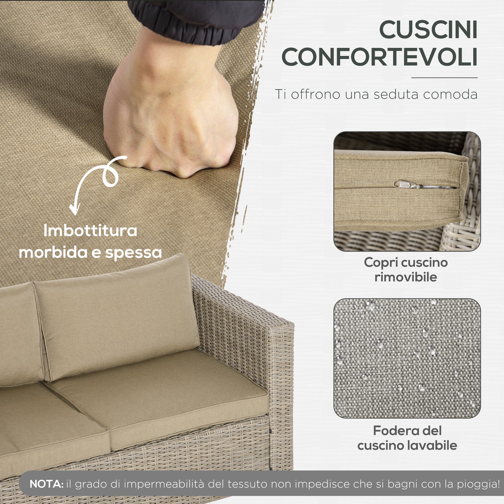4-Piece PE Rattan Garden Furniture Set, Outdoor Lounge with 1 Sofa, 2 Armchairs, 1 Coffee Table and Removable Washable Cushions, Khaki and Beige