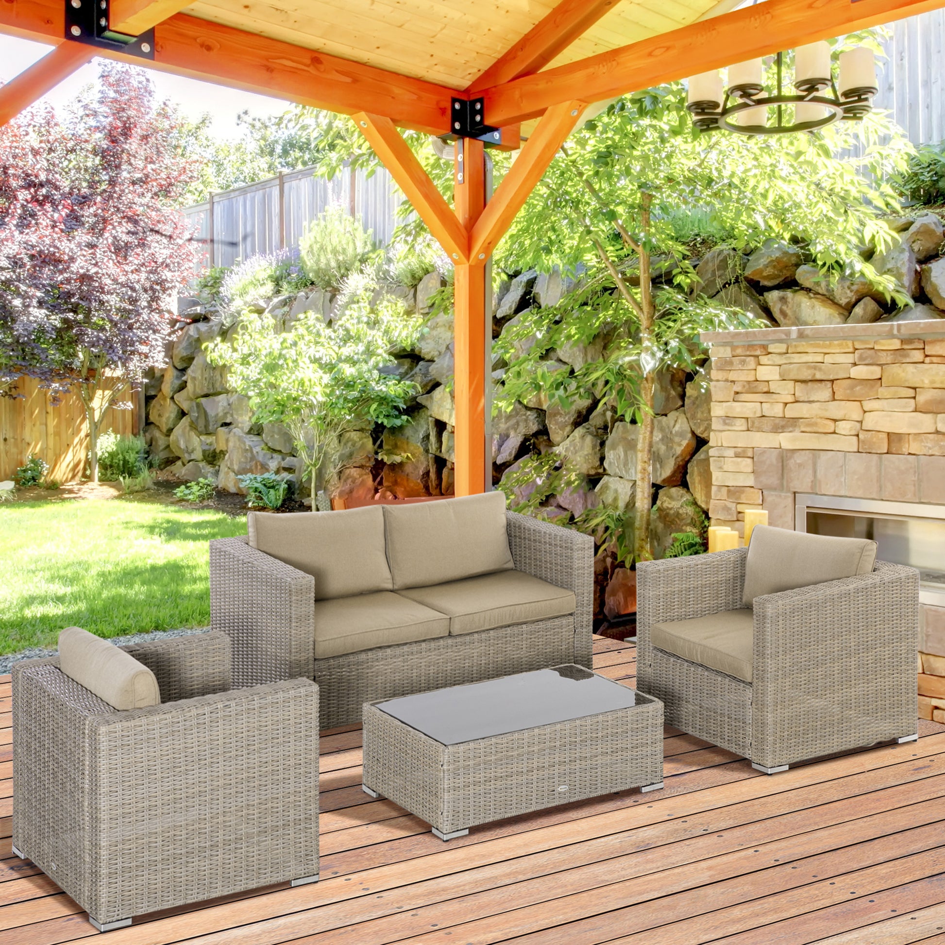 4-Piece PE Rattan Garden Furniture Set, Outdoor Lounge with 1 Sofa, 2 Armchairs, 1 Coffee Table and Removable Washable Cushions, Khaki and Beige