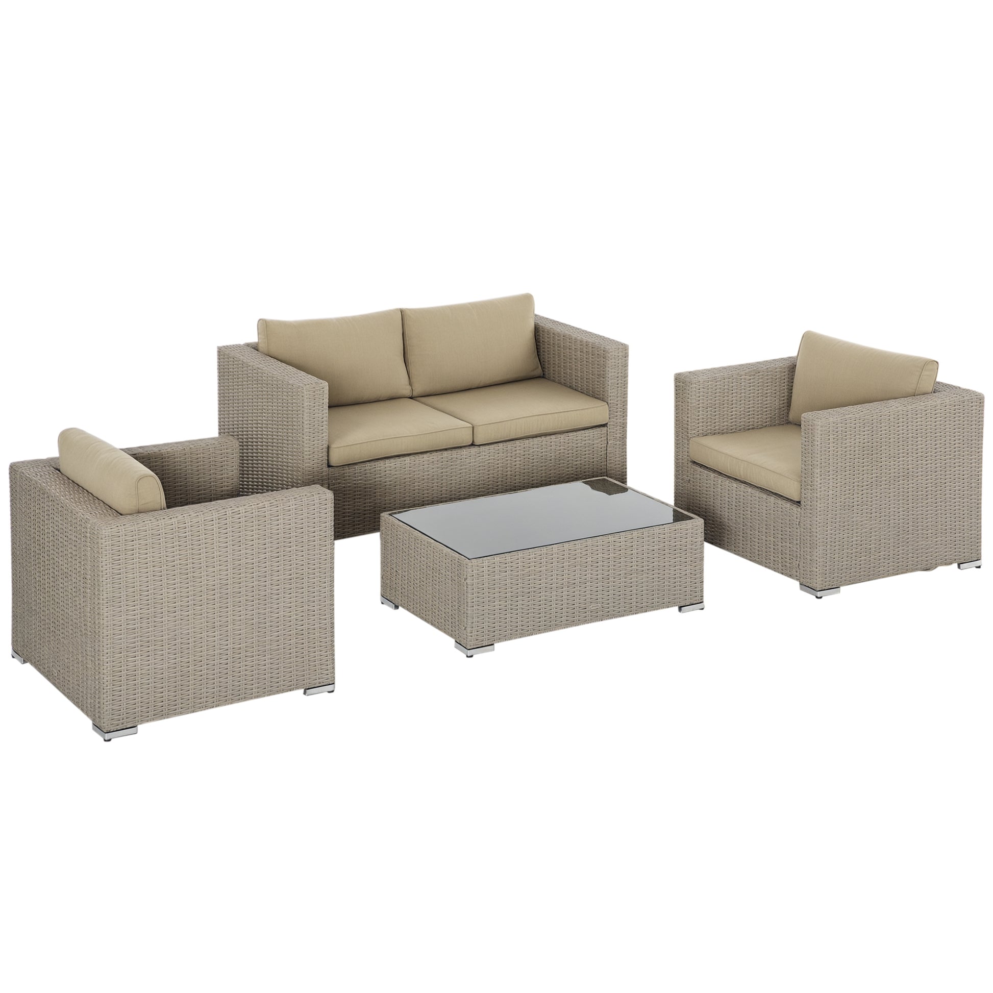 4-Piece PE Rattan Garden Furniture Set, Outdoor Lounge with 1 Sofa, 2 Armchairs, 1 Coffee Table and Removable Washable Cushions, Khaki and Beige