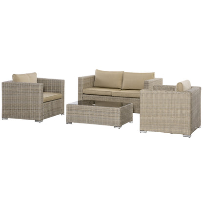 4-Piece PE Rattan Garden Furniture Set, Outdoor Lounge with 1 Sofa, 2 Armchairs, 1 Coffee Table and Removable Washable Cushions, Khaki and Beige