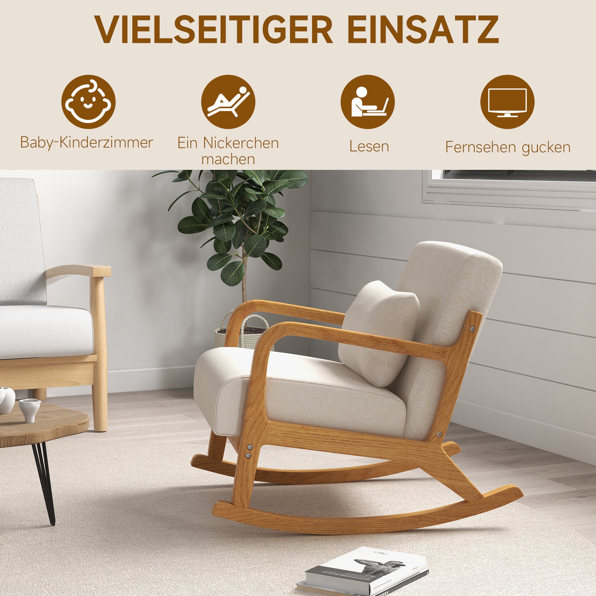 Rocking Chair, Rocking Chair, Padded Rocking Chair with Wooden Frame, Recliner with Armrest, for Bedroom, Living Room, Cream