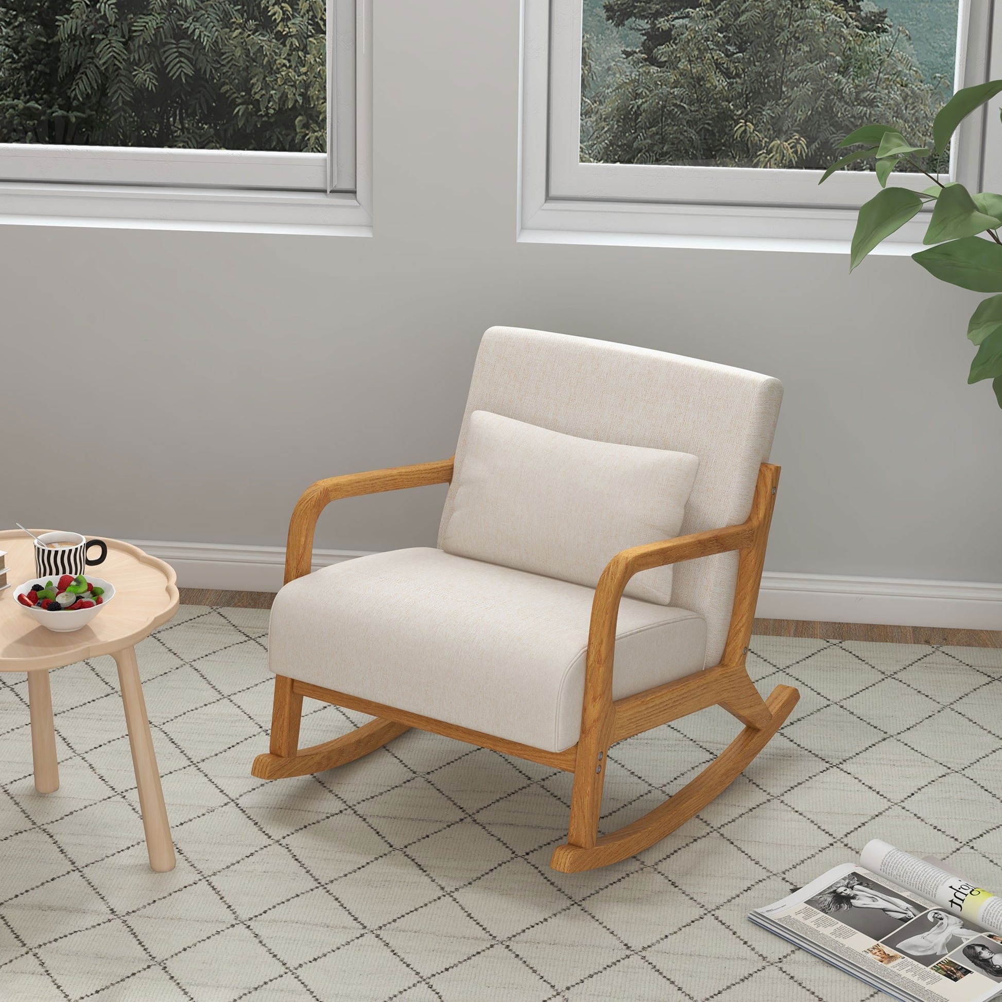 Rocking Chair, Rocking Chair, Padded Rocking Chair with Wooden Frame, Recliner with Armrest, for Bedroom, Living Room, Cream