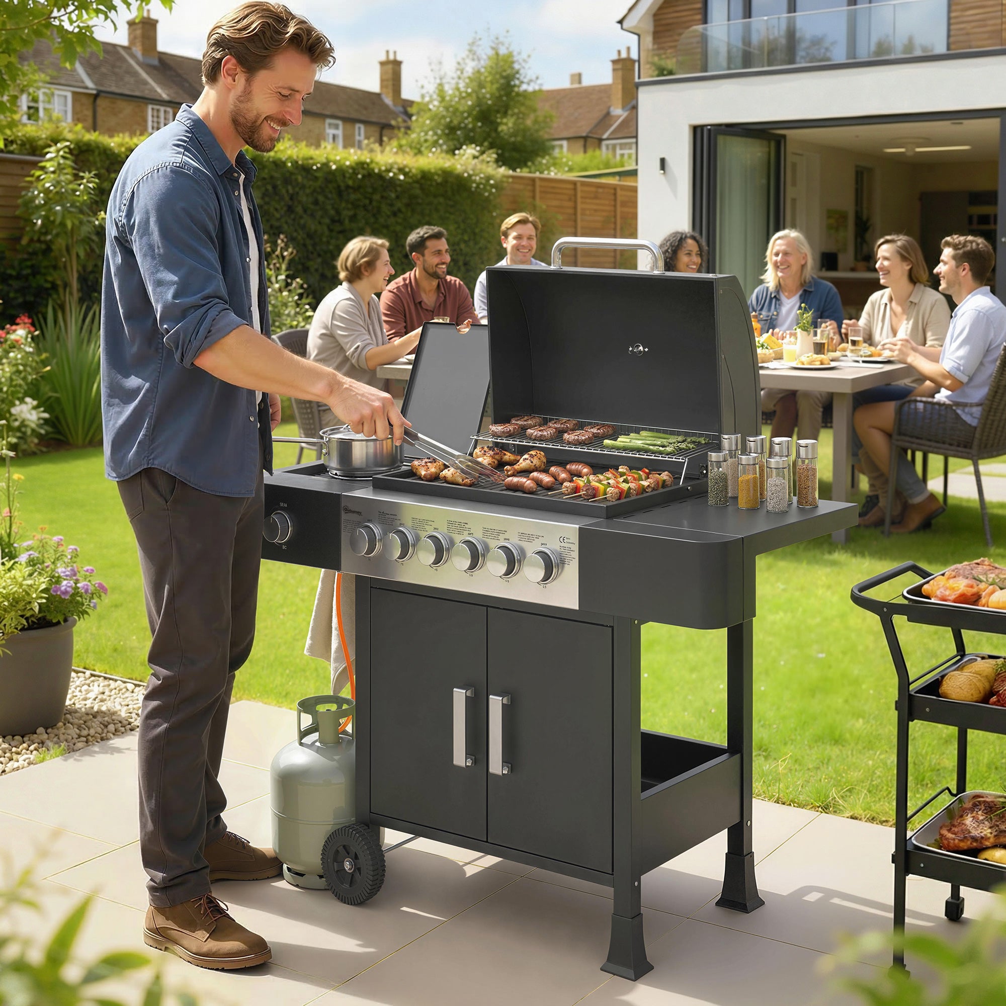 17.8 kW (≈60,700 BTU) 6+1-Burner Stainless Steel Gas Grill Cart with Side Burner, Thermometer, Enamel Grates, Warming Rack, Side Table & Cabinet — Ideal for Balcony & BBQ Parties