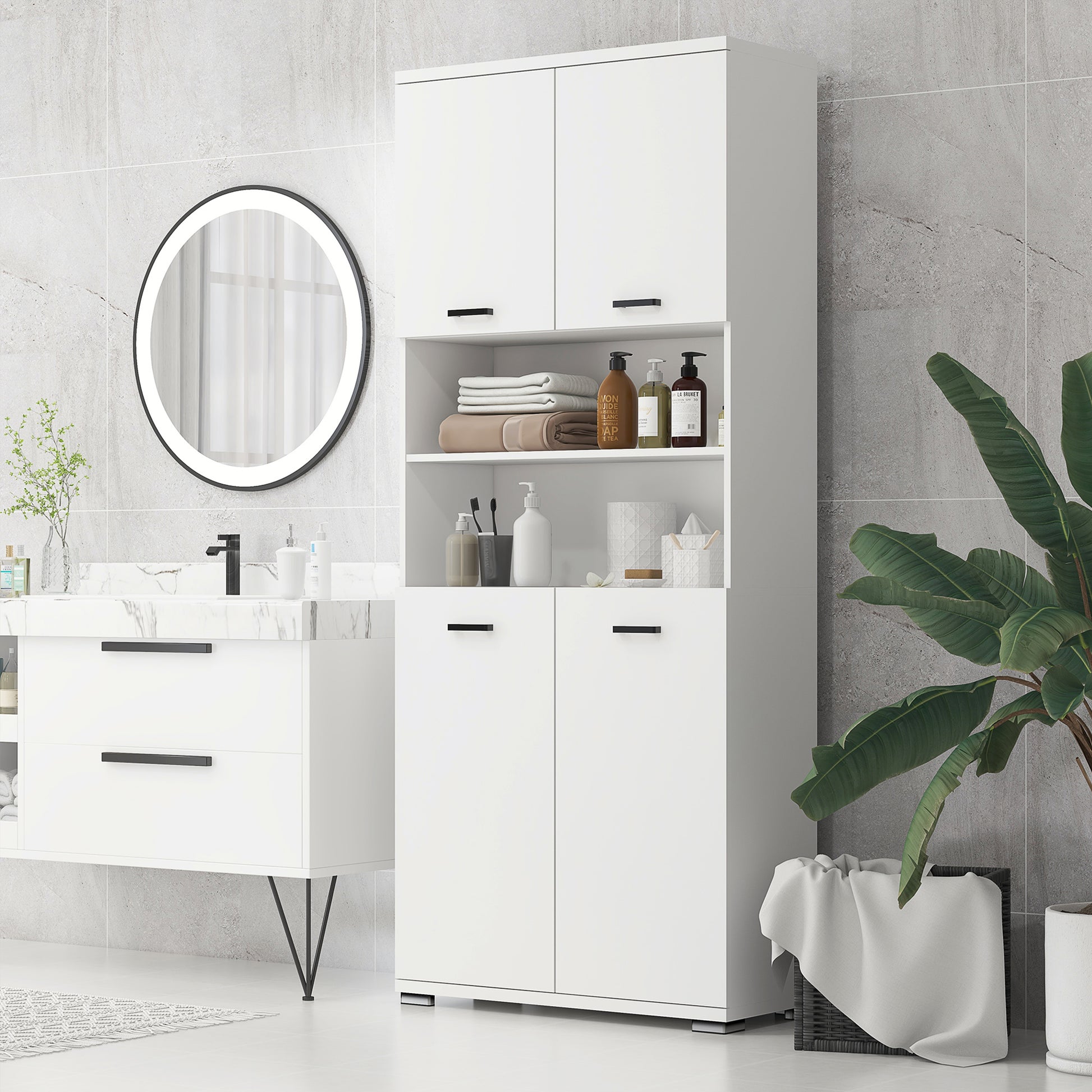 Bathroom Cabinet, Wooden Bathroom Cabinet with 2 Cabinets with Doors and 2 Open Shelves, Anti-Tipping Design, 80x33.5x190 cm, White