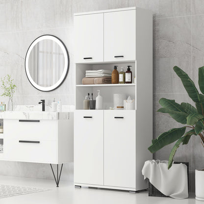 Bathroom Cabinet, Wooden Bathroom Cabinet with 2 Cabinets with Doors and 2 Open Shelves, Anti-Tipping Design, 80x33.5x190 cm, White
