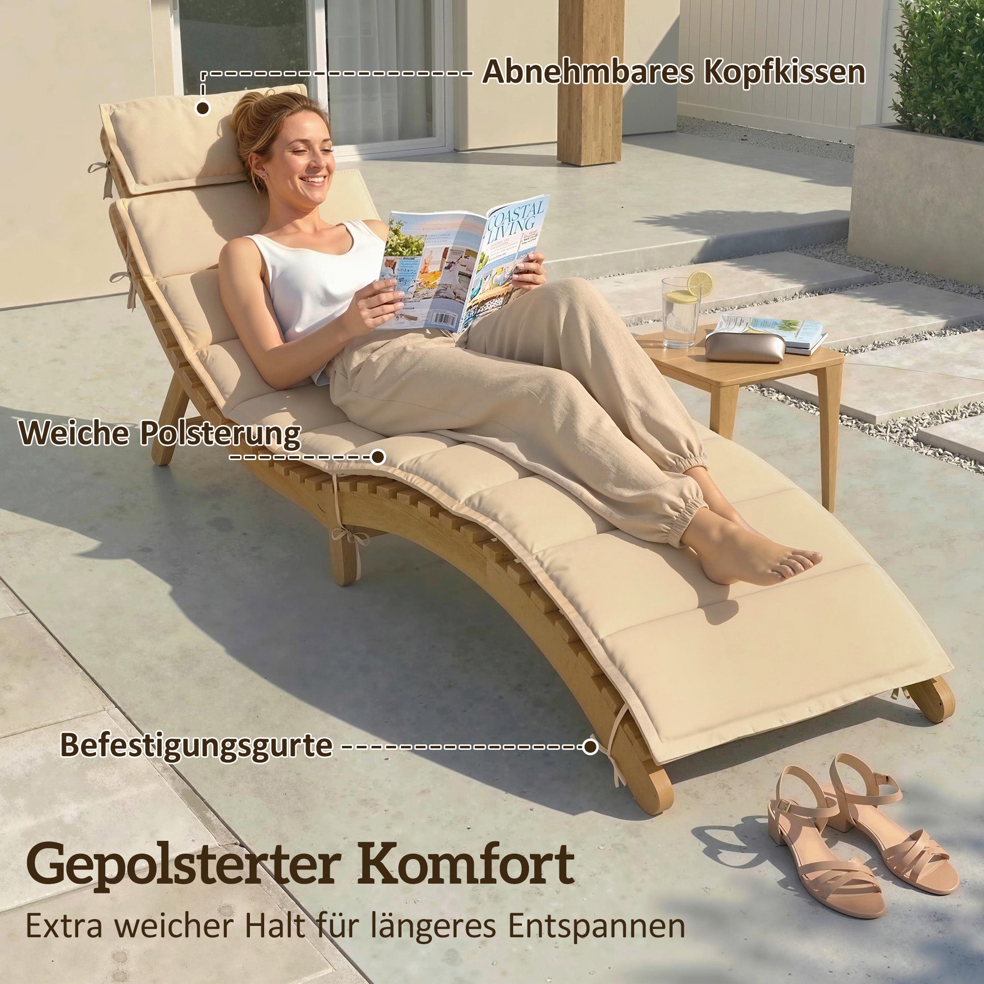 Folding Wooden Sun Lounger, Weather-Resistant Acacia Deck Chair with Cushion & Headrest, Carry Handle — Beige, 72 x 21.3 x 24.8 in (183 x 54 x 63 cm), Up to 265 lb