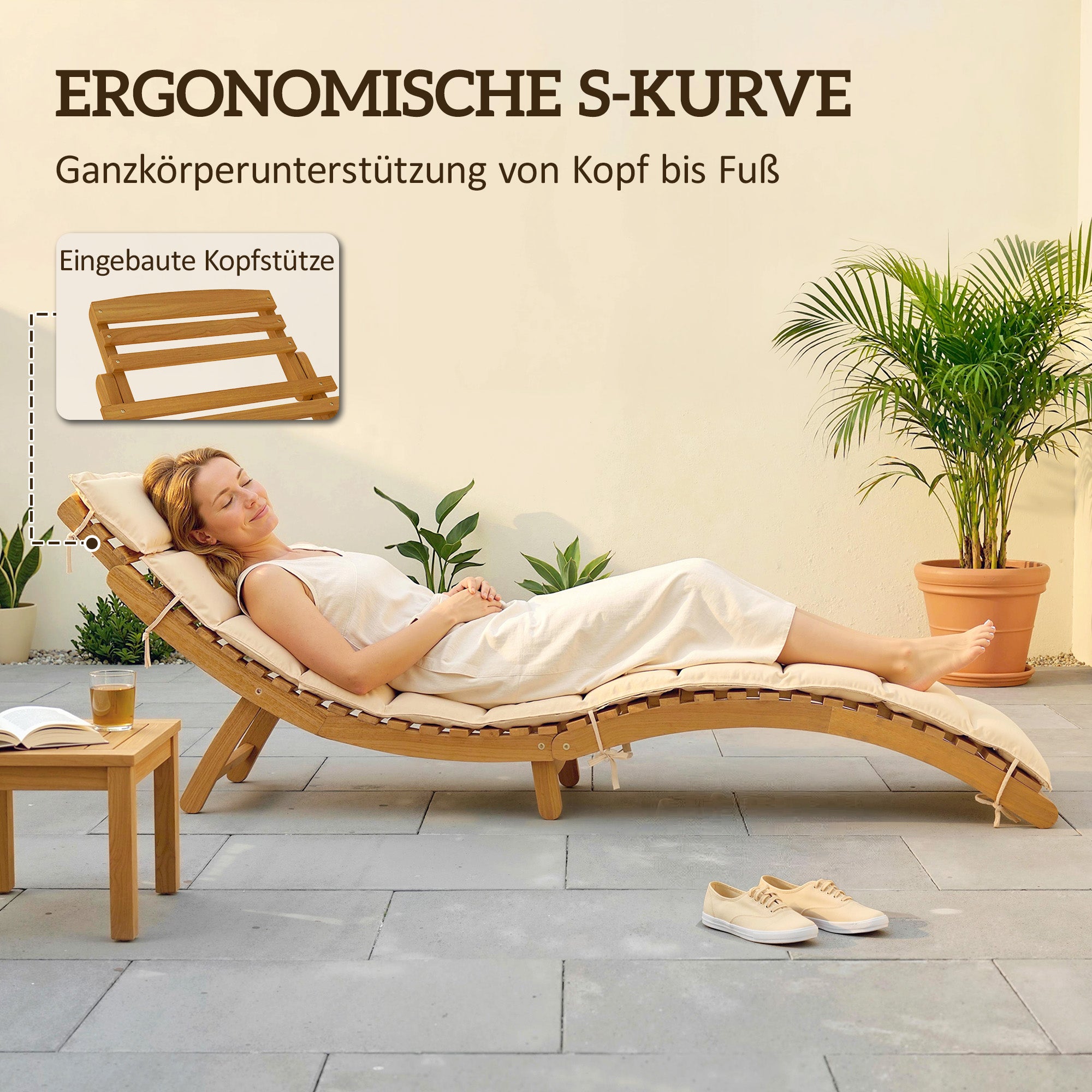 Folding Wooden Sun Lounger, Weather-Resistant Acacia Deck Chair with Cushion & Headrest, Carry Handle — Beige, 72 x 21.3 x 24.8 in (183 x 54 x 63 cm), Up to 265 lb