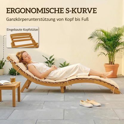 Folding Wooden Sun Lounger, Weather-Resistant Acacia Deck Chair with Cushion & Headrest, Carry Handle — Beige, 72 x 21.3 x 24.8 in (183 x 54 x 63 cm), Up to 265 lb