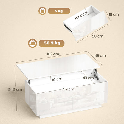 Height-Adjustable Coffee Table with Lift-Top, 2 Drawers & Hidden Compartment — High-Gloss White