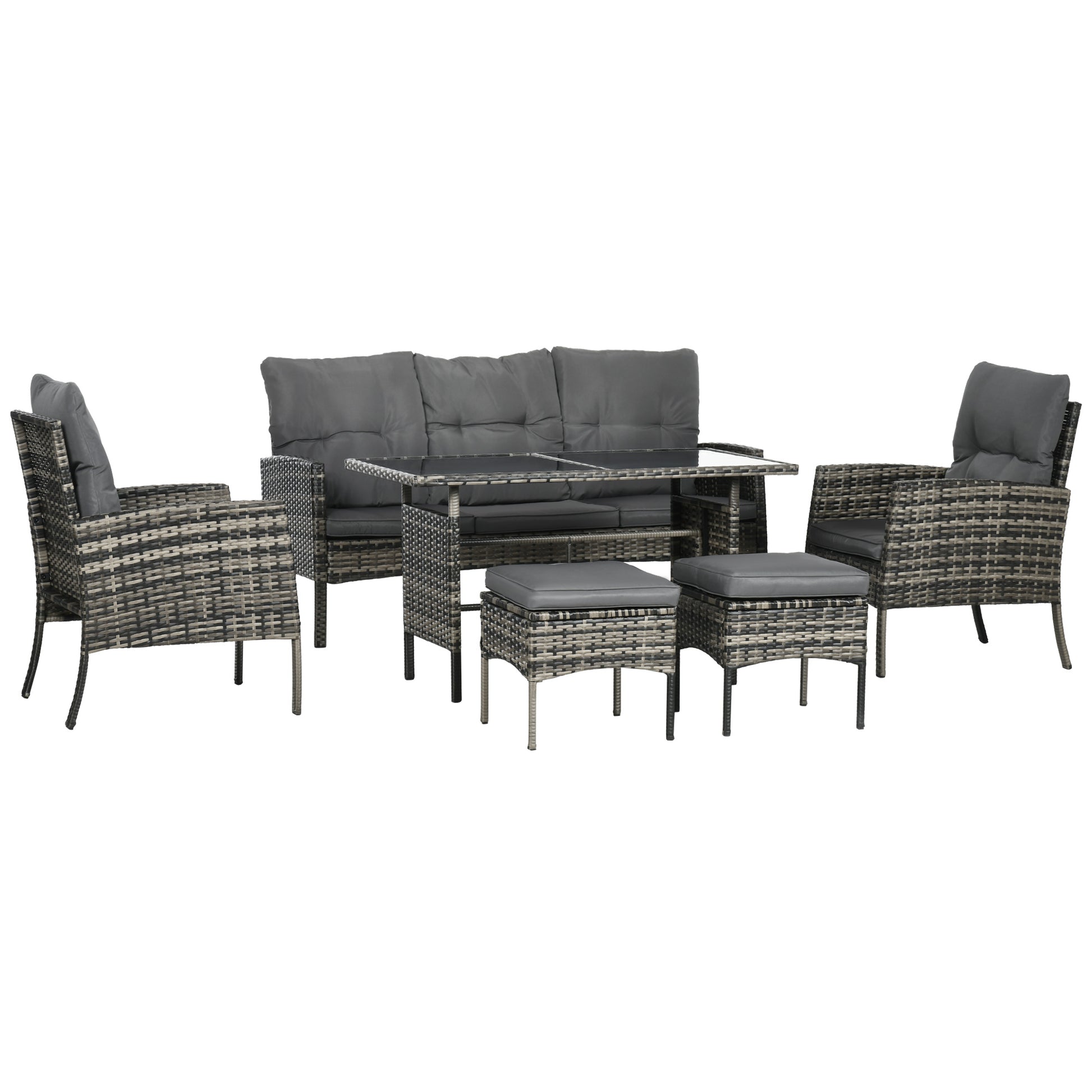 6-Piece Outdoor Rattan Garden Furniture Set with 3-Seater Sofa Armchairs Cushions Stools and Coffee Table for Patio Gray