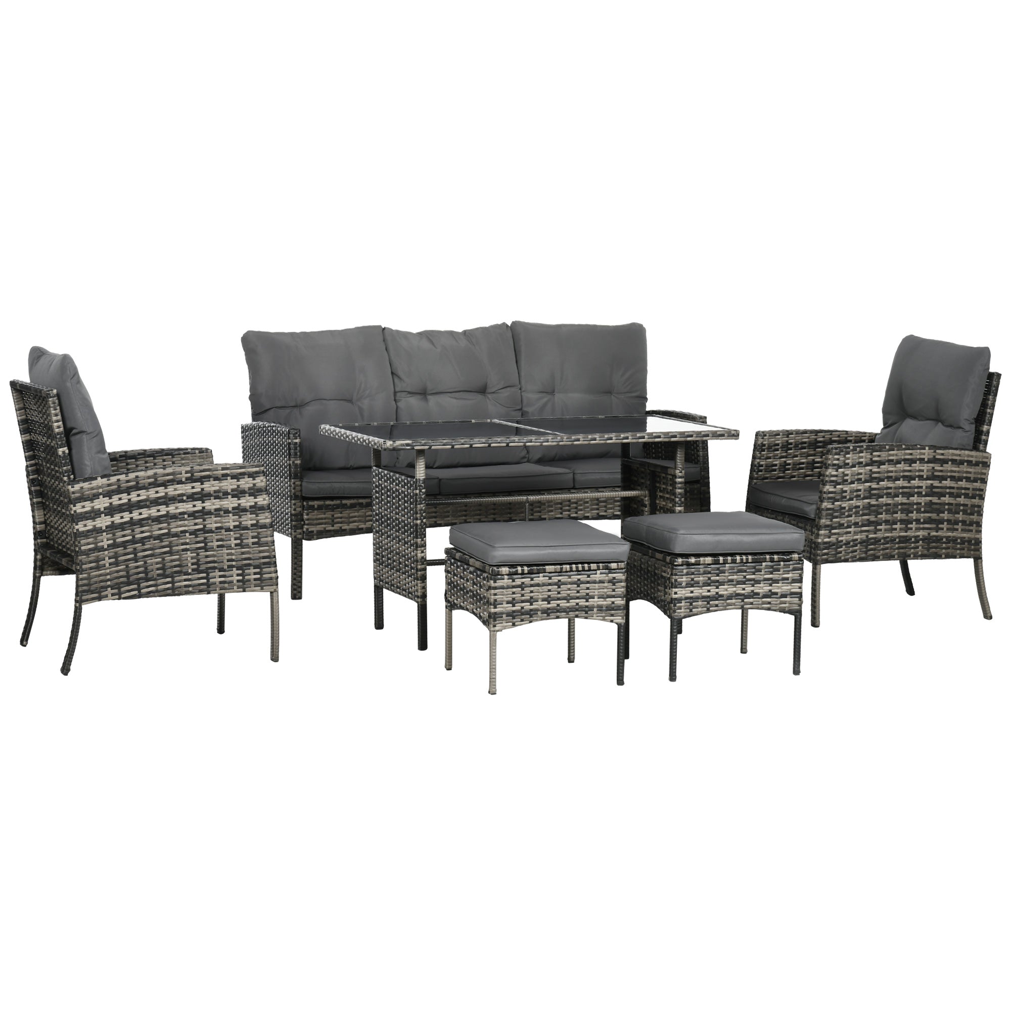 6-Piece Outdoor Rattan Garden Furniture Set with 3-Seater Sofa Armchairs Cushions Stools and Coffee Table for Patio Gray
