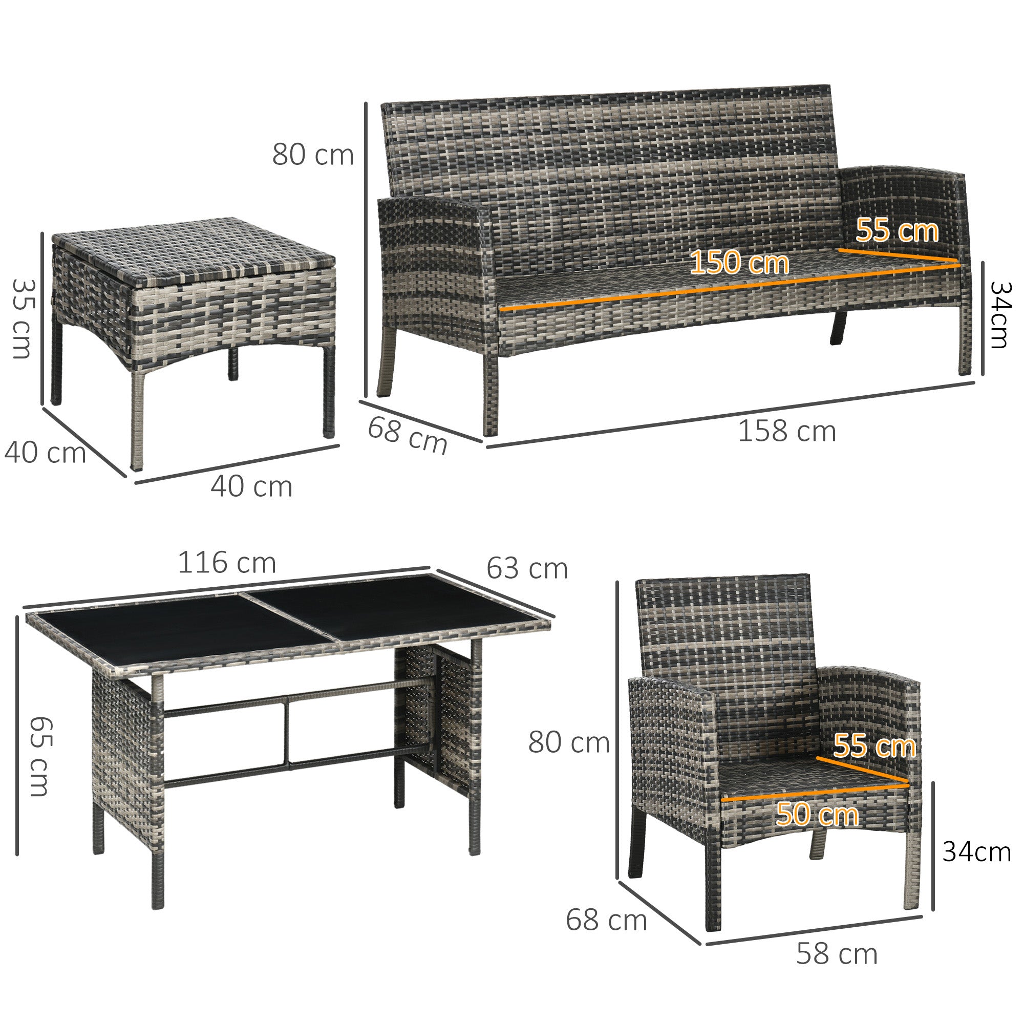 6-Piece Outdoor Rattan Garden Furniture Set with 3-Seater Sofa Armchairs Cushions Stools and Coffee Table for Patio Gray