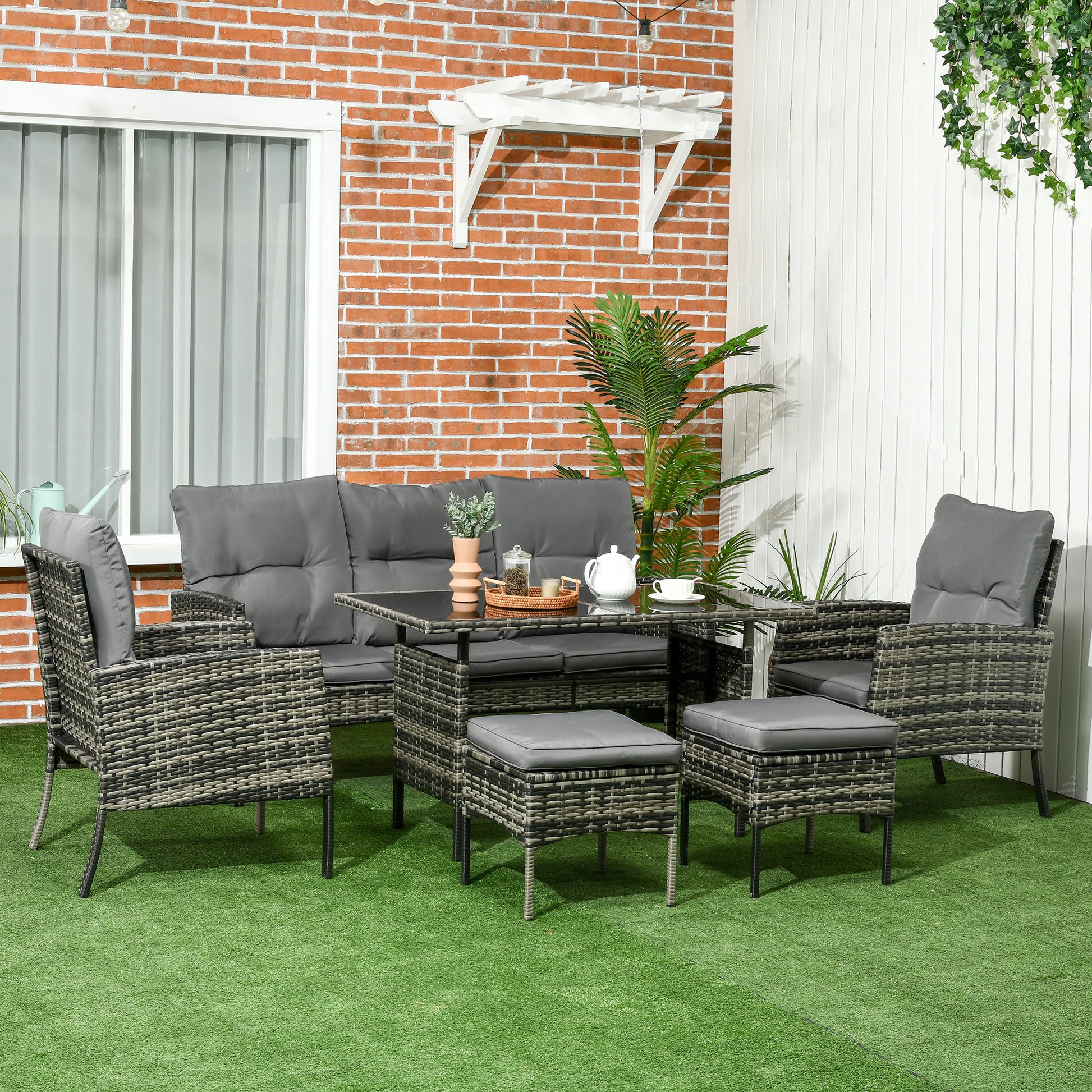 6-Piece Outdoor Rattan Garden Furniture Set with 3-Seater Sofa Armchairs Cushions Stools and Coffee Table for Patio Gray