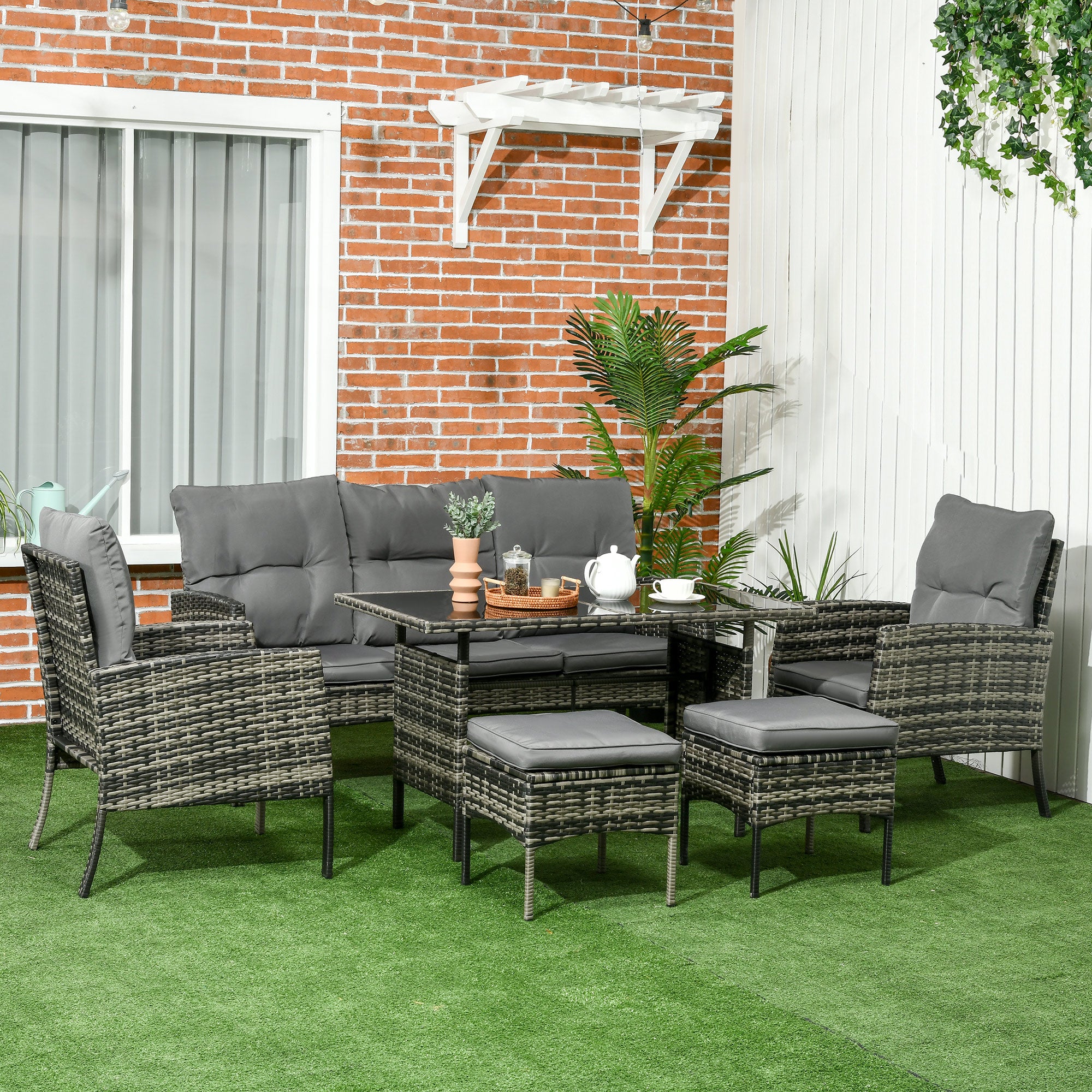 6-Piece Outdoor Rattan Garden Furniture Set with 3-Seater Sofa Armchairs Cushions Stools and Coffee Table for Patio Gray