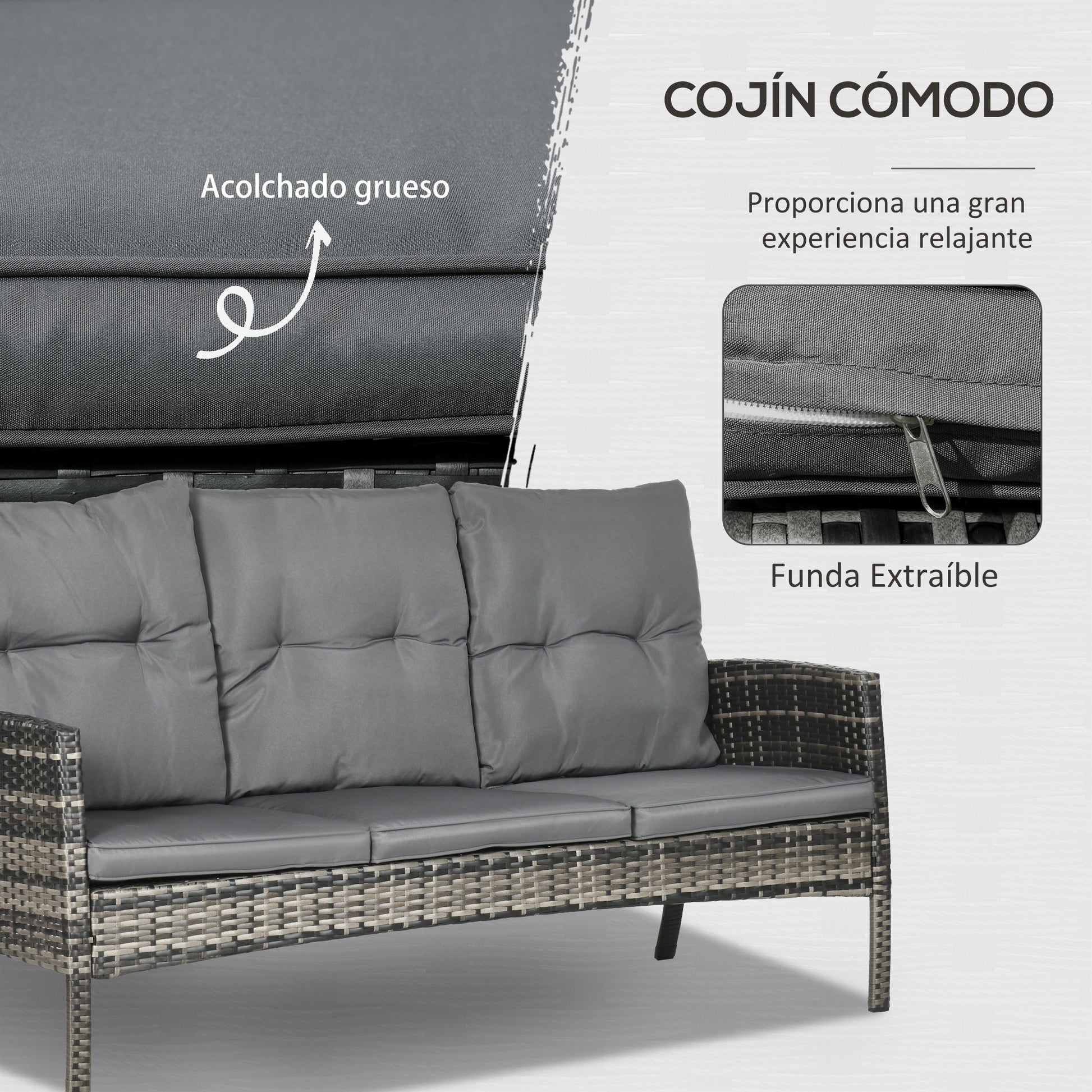 6-Piece Outdoor Rattan Garden Furniture Set with 3-Seater Sofa Armchairs Cushions Stools and Coffee Table for Patio Gray