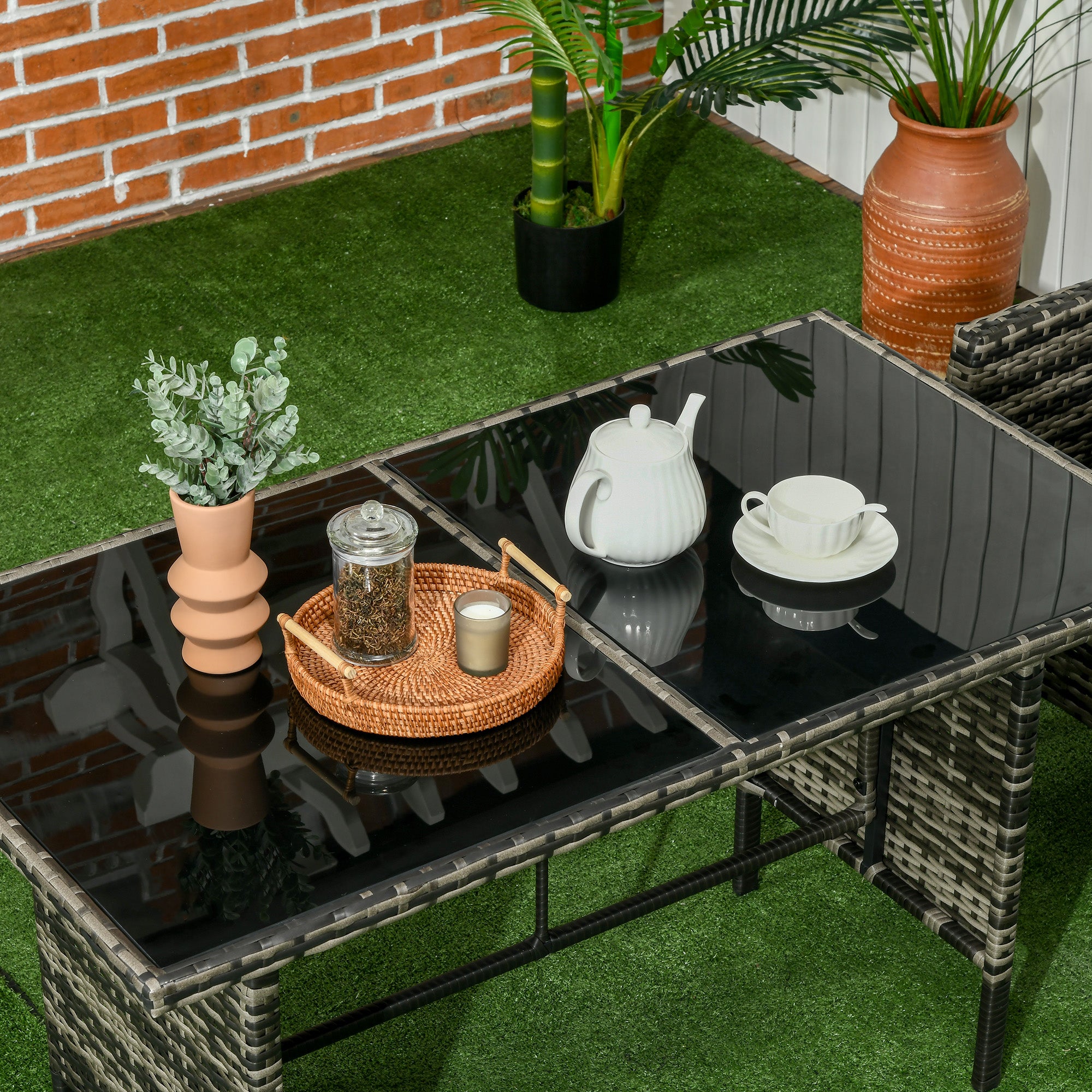 6-Piece Outdoor Rattan Garden Furniture Set with 3-Seater Sofa Armchairs Cushions Stools and Coffee Table for Patio Gray