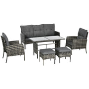 6-Piece Outdoor Rattan Garden Furniture Set with 3-Seater Sofa Armchairs Cushions Stools and Coffee Table for Patio Gray
