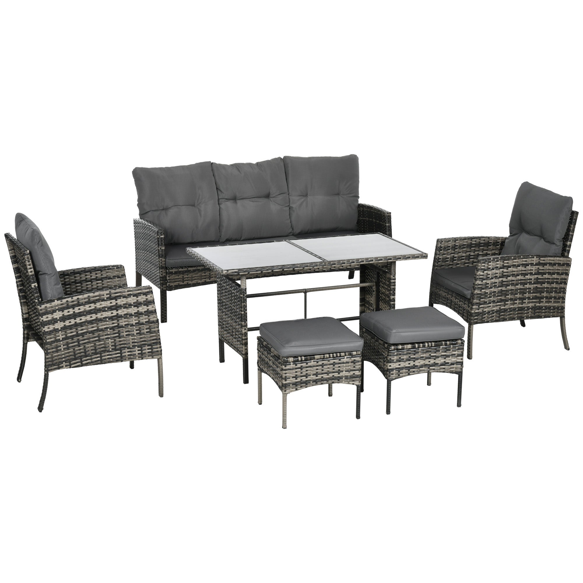 6-Piece Outdoor Rattan Garden Furniture Set with 3-Seater Sofa Armchairs Cushions Stools and Coffee Table for Patio Gray