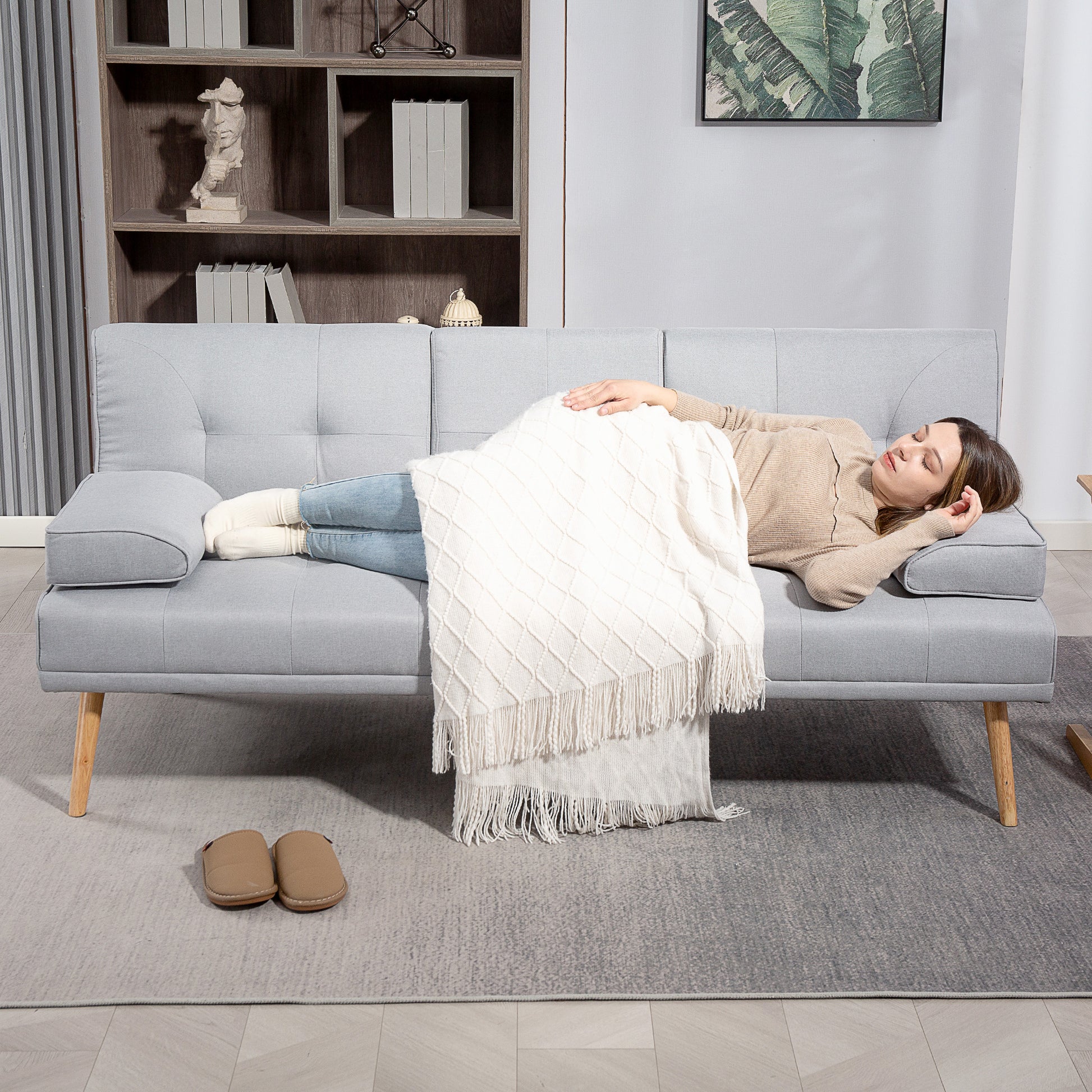 Sofa Bed, 3-Seater Sofa, Futon Bed with Foldable Table, Fabric Sofa with Linen Look, Sleeper Couch with Cup Holder, in Scandinavian Design, Holds up to 250 kg, Light Gray