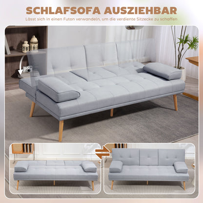 Sofa Bed, 3-Seater Sofa, Futon Bed with Foldable Table, Fabric Sofa with Linen Look, Sleeper Couch with Cup Holder, in Scandinavian Design, Holds up to 250 kg, Light Gray