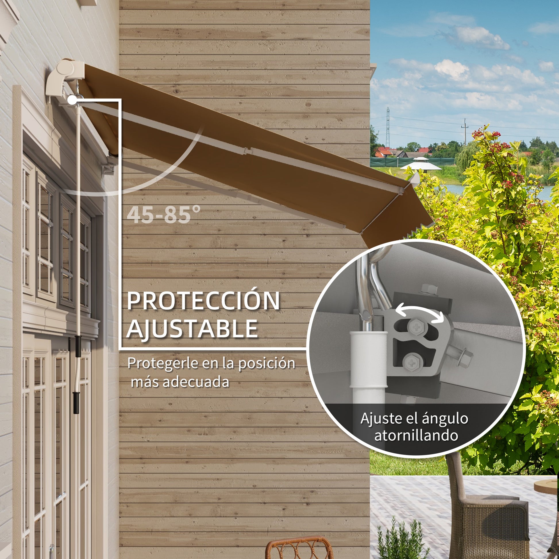 Retractable Manual Awning 3x2.5 m Balcony Awning with Waterproof and Anti-UV Metal Crank Outdoor Roll-Up Awning for Garden Terrace Windows Brown