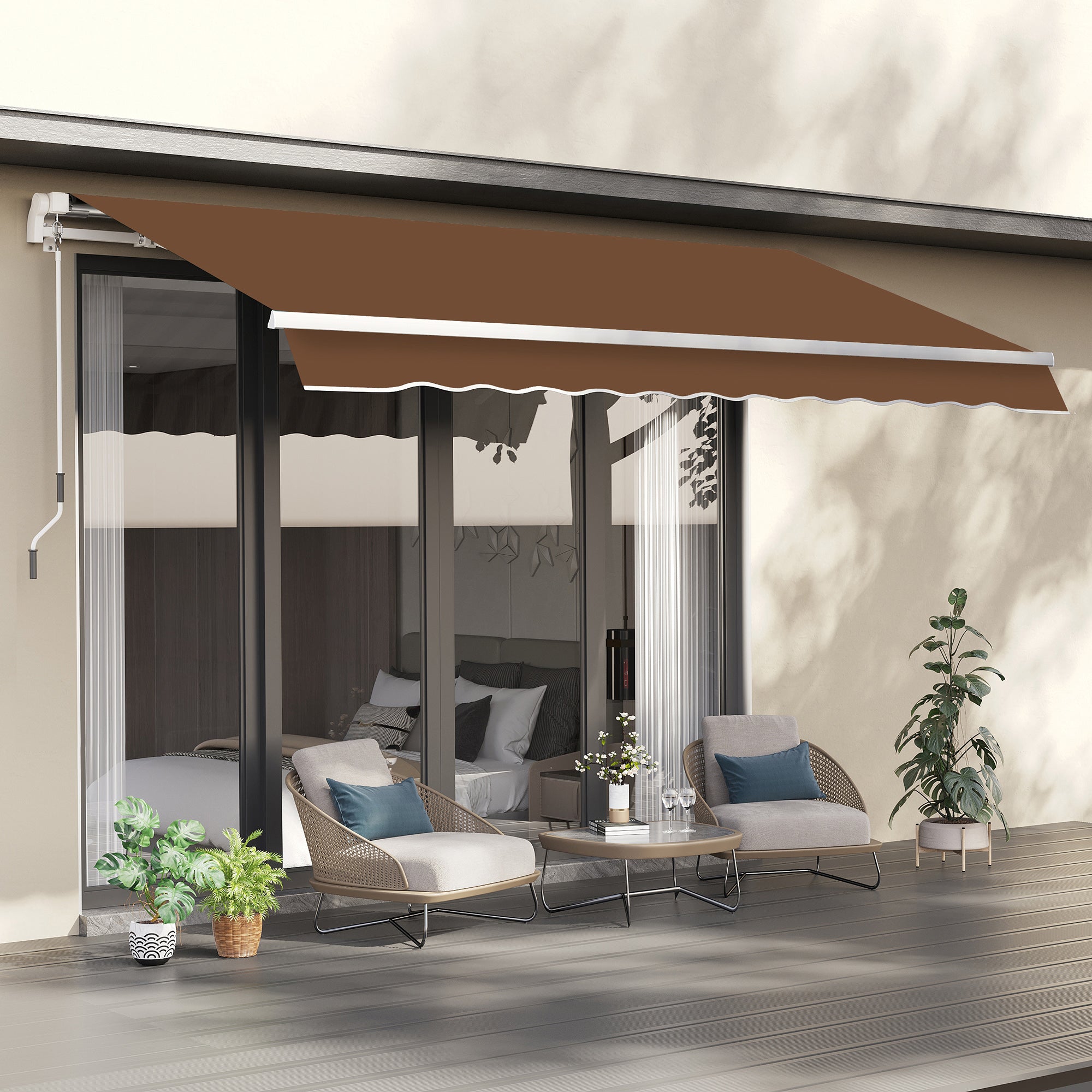 Retractable Manual Awning 3x2.5 m Balcony Awning with Waterproof and Anti-UV Metal Crank Outdoor Roll-Up Awning for Garden Terrace Windows Brown