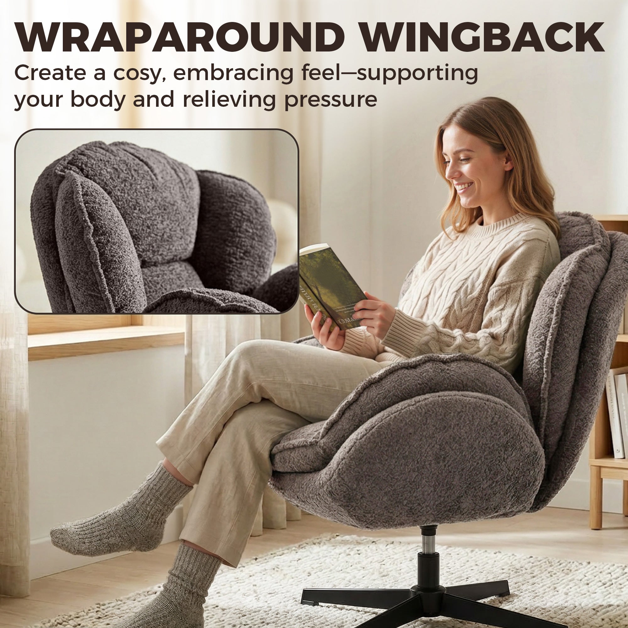 Wingback Swivel Lounge Chair, Padded Velvet-Feel Upholstery, Metal Legs, Comfortable Relax Chair for Living Room & Bedroom, Gray