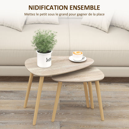 Set of 2 Scandinavian design nested coffee tables with wooden legs and wooden top, natural look