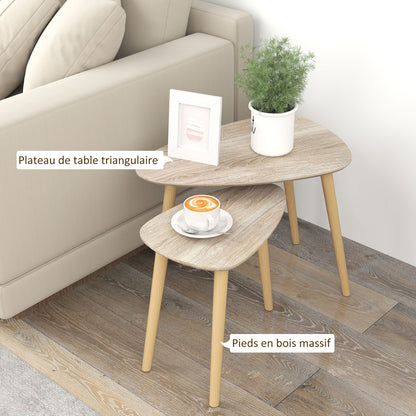 Set of 2 Scandinavian design nested coffee tables with wooden legs and wooden top, natural look