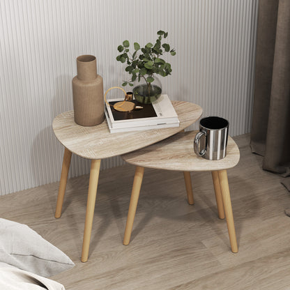 Set of 2 Scandinavian design nested coffee tables with wooden legs and wooden top, natural look